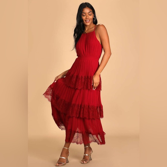 Lulus Dresses & Skirts - 22. Lulus • NWT Came For Cocktails Wine Red Pleated Tiered Lace Maxi Dress